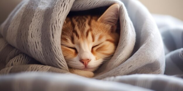 AI 생성 AI 생성 아늑한 웃긴 고양이 따뜻한 담요 아래 자고 있는 집의 차가운 배경 그래픽 아트 일러스트레이션