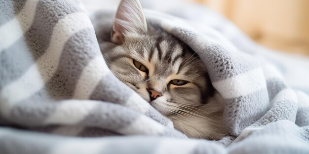 AI Generated AI Generative Cozy funny cat sleeping under warm blanket Home chill background Graphic Art