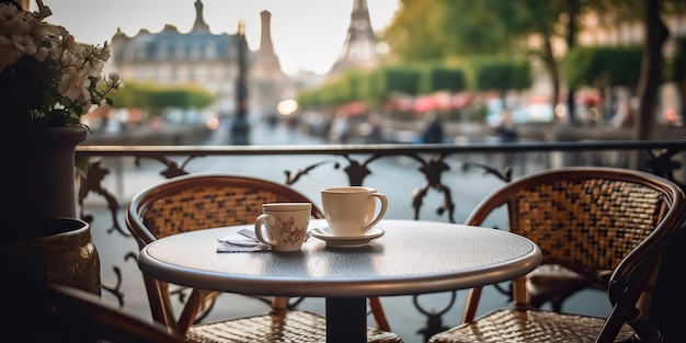 Сгенерированный AI AI Generative Уютное романтическое оформление парижской европейской кофейни на террасе