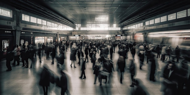 AI Generated AI Generative Crowd of people at railway station at rush hour Move motion Graphic Art