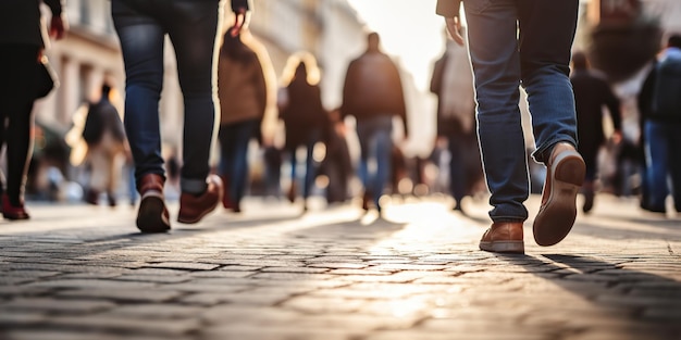 写真 aiが生成したai生成群衆の人々が靴を履いて通りを歩く都市都市の背景