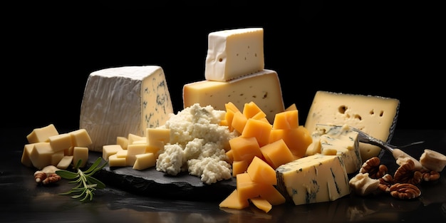 アイ・ジェネレーティブ - 黒い背景に異なるチーズの部分をモックアップするグラフィックアート