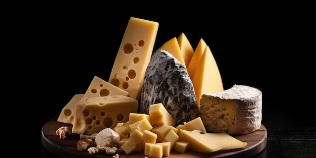 Photo ai generated ai generative different cheese parts on black background mock up graphic art