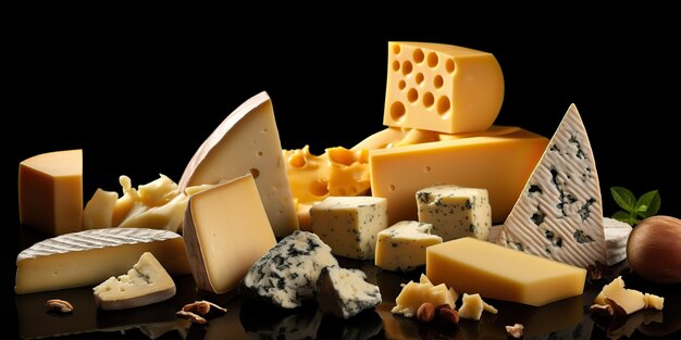 AI Generated AI Generative Different cheese parts on black background mock up Graphic Art