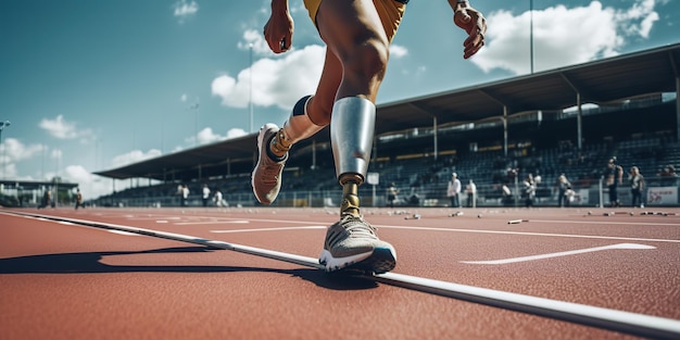 Photo ai generated ai generative disabled person with prosthetic leg running marathon race never give up