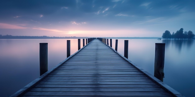 AI Generated AI Generative Dock wooden pier at sunset Romantic relaxing vibe background