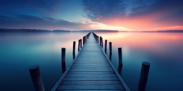 AI Generated AI Generative Dock wooden pier at sunset Romantic relaxing vibe background