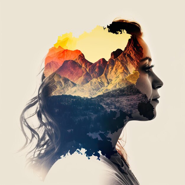 AI Generated AI Generative Double exposure photo realistic illustration of combine pretty young girl and nature forest mountaines landscape Adventure explore free sould vibe Graphic Art