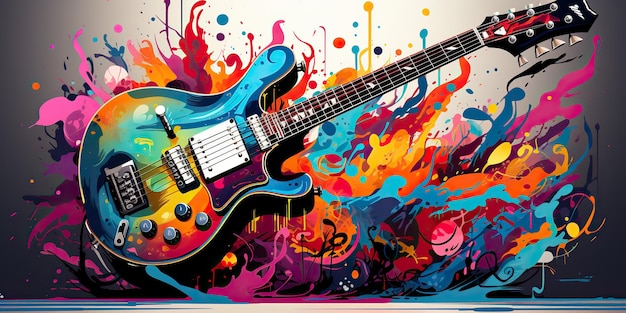 Сгенерированный AI AI Generative Draw набросок акварельной музыки на гитаре с цветным всплеском