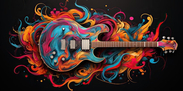 Сгенерированный AI AI Generative Draw набросок акварельной музыки на гитаре с цветным всплеском