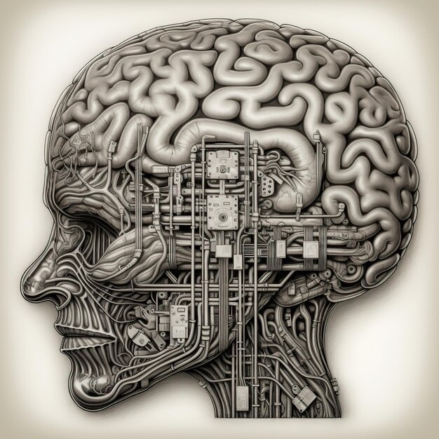 Photo ai generated ai generative engraving vintage retro illustration of ai brain mind