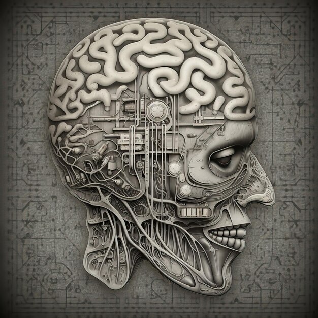 Photo ai generated ai generative engraving vintage retro illustration of ai brain mind