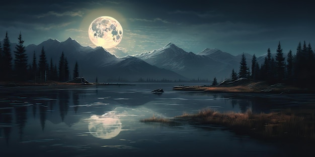 AI Generated AI Generative Evening night nature outdoor landscape background full moon and mountains Graphic Art Illustration