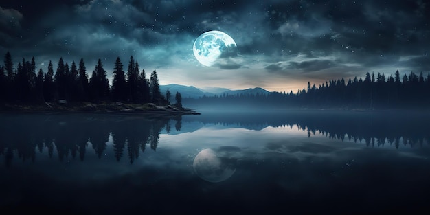 AI Generated AI Generative Evening night nature outdoor landscape background full moon and mountains Graphic Art Illustration