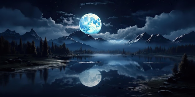 AI Generated AI Generative Evening night nature outdoor landscape background full moon and mountains Graphic Art