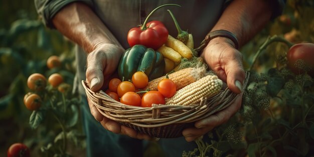 写真 ai 生成 ai 生成農家が野菜や果物を持って手で収穫