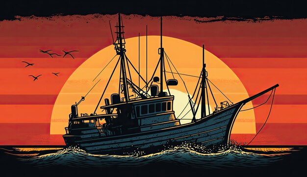 AI Generated AI Generative Fishing boat at sunset sea ocean Can be used for graphic