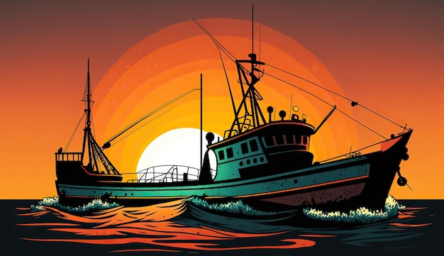 AI Generated AI Generative Fishing boat at sunset sea ocean Can be used for graphic