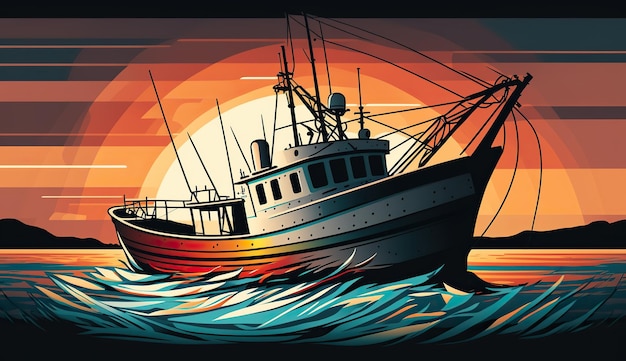 AI Generated AI Generative Fishing boat at sunset sea ocean Can be used for graphic