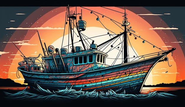 AI Generated AI Generative Fishing boat at sunset sea ocean Can be used for graphic