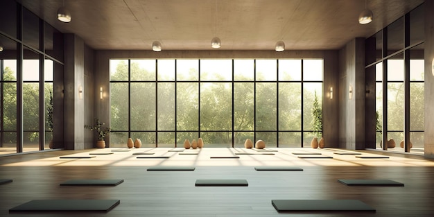 Сгенерированный AI Генеративный AI Фитнес спорт тренажерный зал упражнения йога студия комната место обучение здоровому образу жизни графика искусство