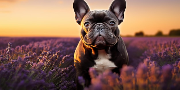 AI Generated AI Generative Frenchie french bulldog dog cute face portrait at lavender field