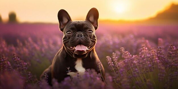 Photo ai generated ai generative frenchie french bulldog dog cute face portrait at lavender field