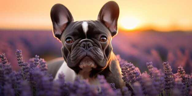 AI Generated AI Generative Frenchie french bulldog dog cute face portrait at lavender field