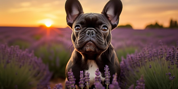 AI Generated AI Generative Frenchie french bulldog dog cute face portrait at lavender field