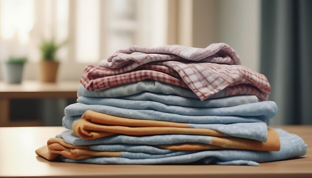 AI Generated AI Generative Fresh new washed laundy stack set of many cloth items on table wallpaper