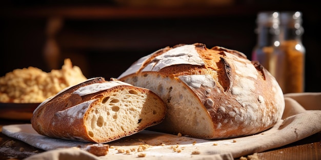 AI Generated AI Generative 신선한 유기농 구운 베이커리 밀 빵을 나무 테이블에 올려 놓았습니다.