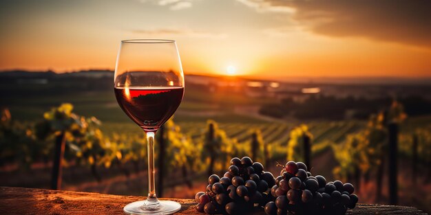 Foto ai generato ai generativo bicchiere di vino rosso su un tavolo cintage in legno nella natura all'aperto