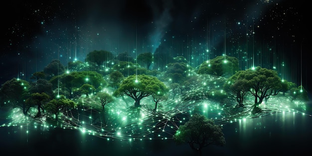 AI Generated AI Generative Glowing light energy forest trees at night Nature outdoor wild