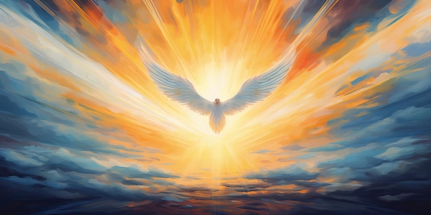 AI Generated AI Generative Glowing light flying angel in heaven Religion spiritual faith Jesus