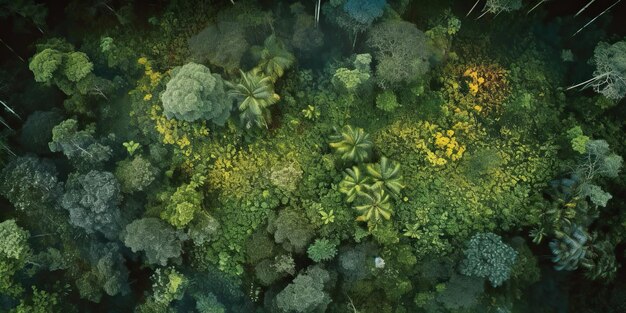 AI Generated AI Generative Зеленый свежий амазонский тропический вид сверху с дрона пейзаж растение украшение стены Графика Искусство