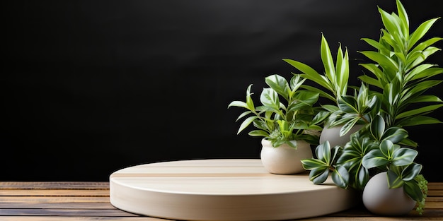 Сгенерированный AI Генеративный AI Зеленые свежие красивые цветущие растения на деревянном столе и стене Макет декоративного шаблона Графическое искусство Иллюстрация