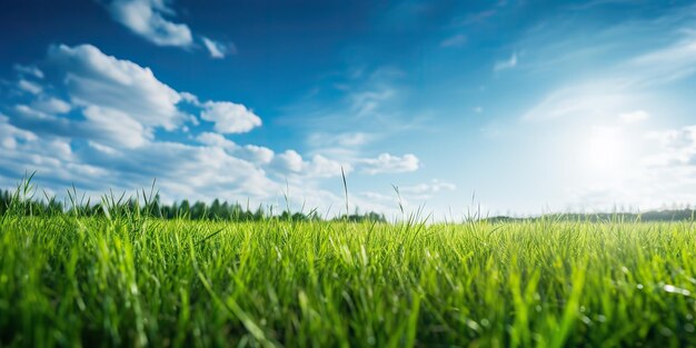 Photo ai generated ai generative green fresh grass field meadow with blue sky horizon background mock up inspirational wild outdoor nature graphic art