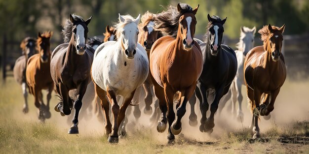 AI Generated AI Generative Groep paarden die buiten rennen natuur achtergrond Dieren in het wild decoratie Grafische kunst illustratie