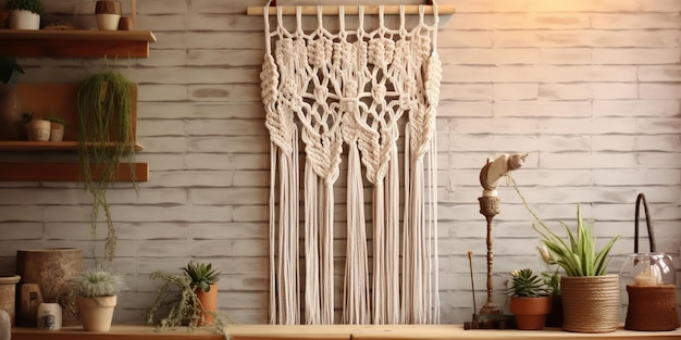 Foto ai generated ai generative handgemaakte macrame-kunstdecoratie bij gezellig interieurontwerp