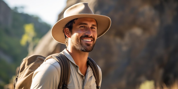 AI Generated AI Generative Handsome man in hat backpack trekking hiking portrait landscape