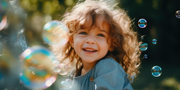Фото ai generated ai generative счастливый забавный ребенок играет с мыльными пузырьками на открытом воздухе