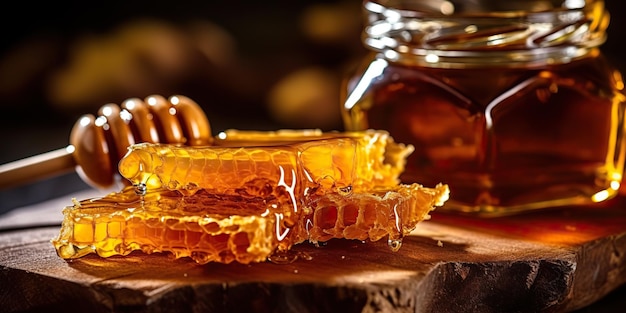 Photo ai generated ai generative honey honeycomb desert with wooden stick and glass healthy