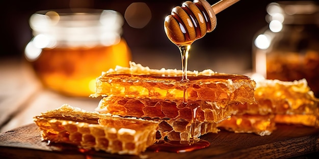 AI Generated AI Generative Honey honeycomb desert with wooden stick and glass Healthy