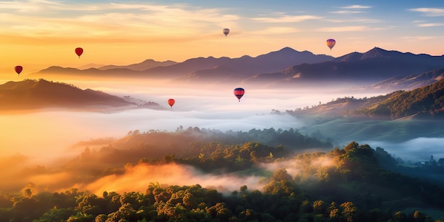 AI Generated AI Generative Hot air ballon fly 태국 치앙마이 산 그래픽 아트