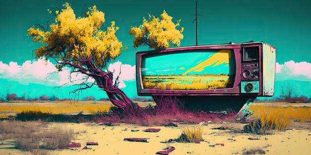 AI Generated AI Generative Illustration background of yellow vintage retro field landscape