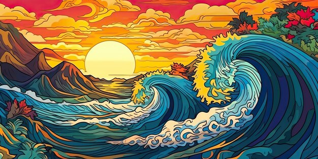 AI Generated AI Generative Illustration of hawaii waves sunset sky tropical vibe Graphic Art