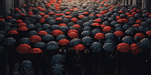 AI Generated AI Generative Illustration of rain street with crowd people with umbrella Graphic Art