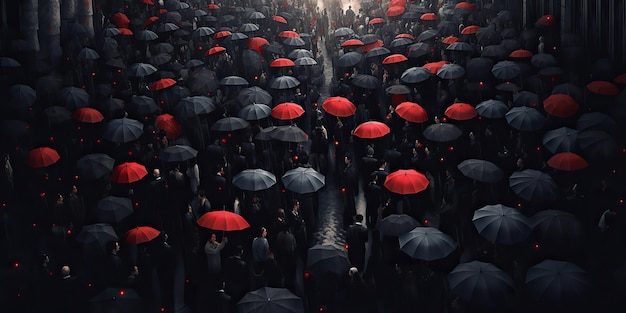 AI が生成した雨の街路と傘を持つ群衆の AI 生成イラスト グラフィック アート