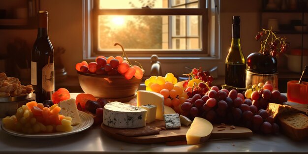 AI 生成 AI 生成キッチン パーティー、ワイン、チーズ、飲み物、食べ物、食事、アルコール、ブドウ料理