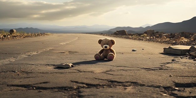 AI Generated AI Generative Lonely broken lost bear animal toy game on the road Sad view